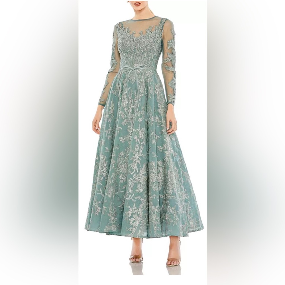 MAC DUGGAL Women's Embellished Bow Belt Illusion Long Sleeve A Line Dress